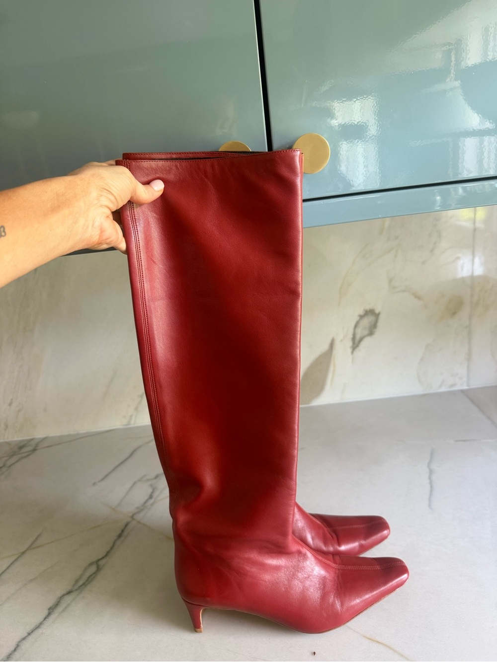 STAUD Red Knee-High Leather Boots